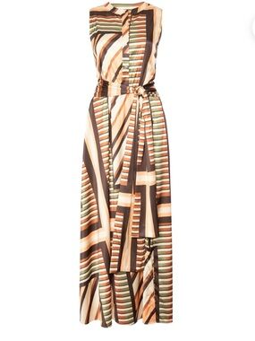 Misa Annabelle in Geo Scarf Satin Sleeveless Striped Maxi Dress
